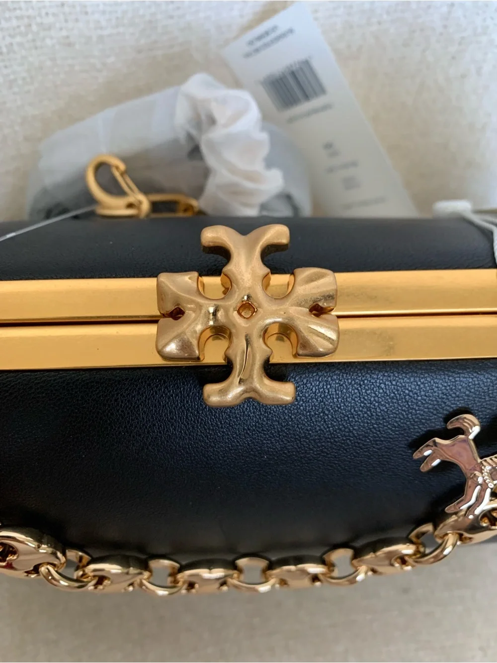 NEW Tory Burch Cleo Black Leather Small Kiss Lock Chain Handbag/Crossbody Bag